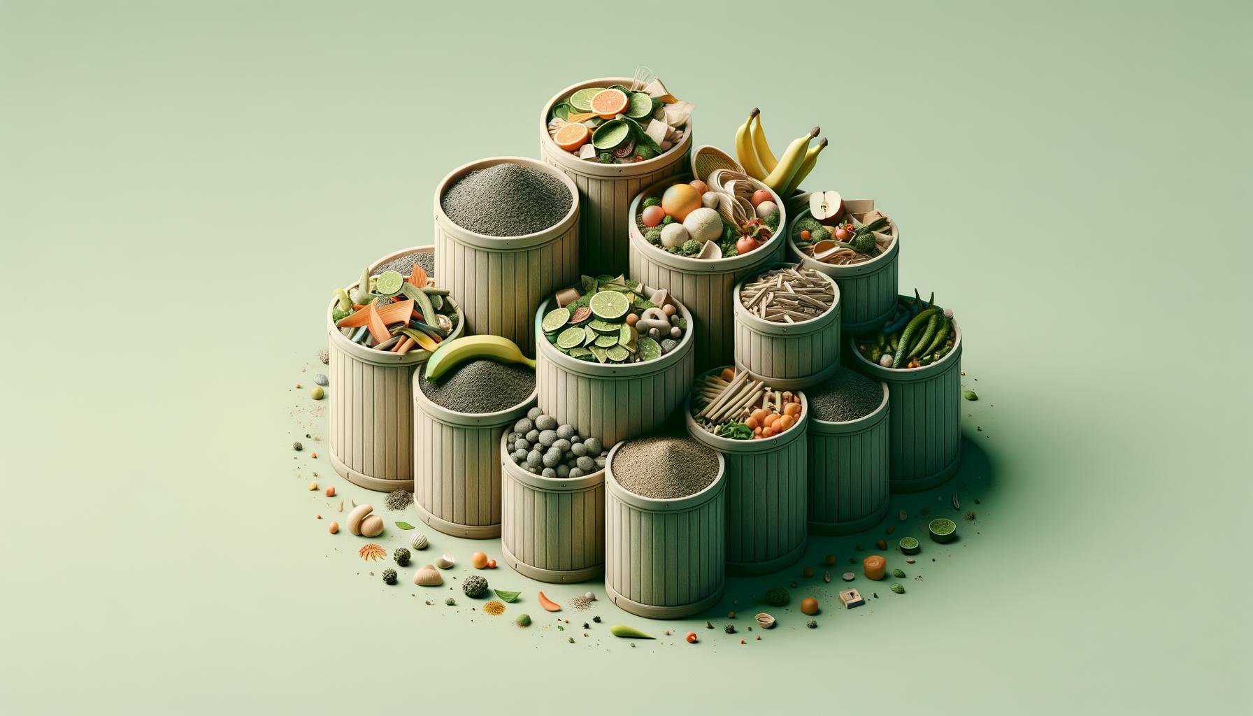 Wooden barrels filled with fruits, vegetables, and grains arranged in a pyramid.