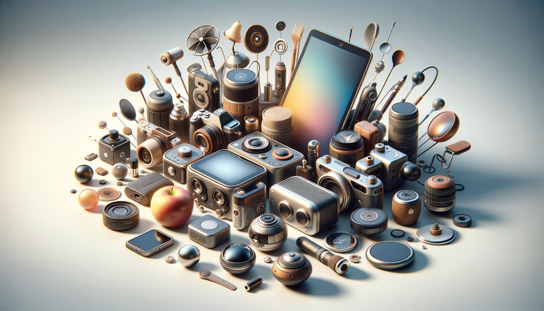 An arrangement of retro-futuristic gadgets, cameras, and a smartphone, interspersed with everyday objects like an apple, all in metallic tones.